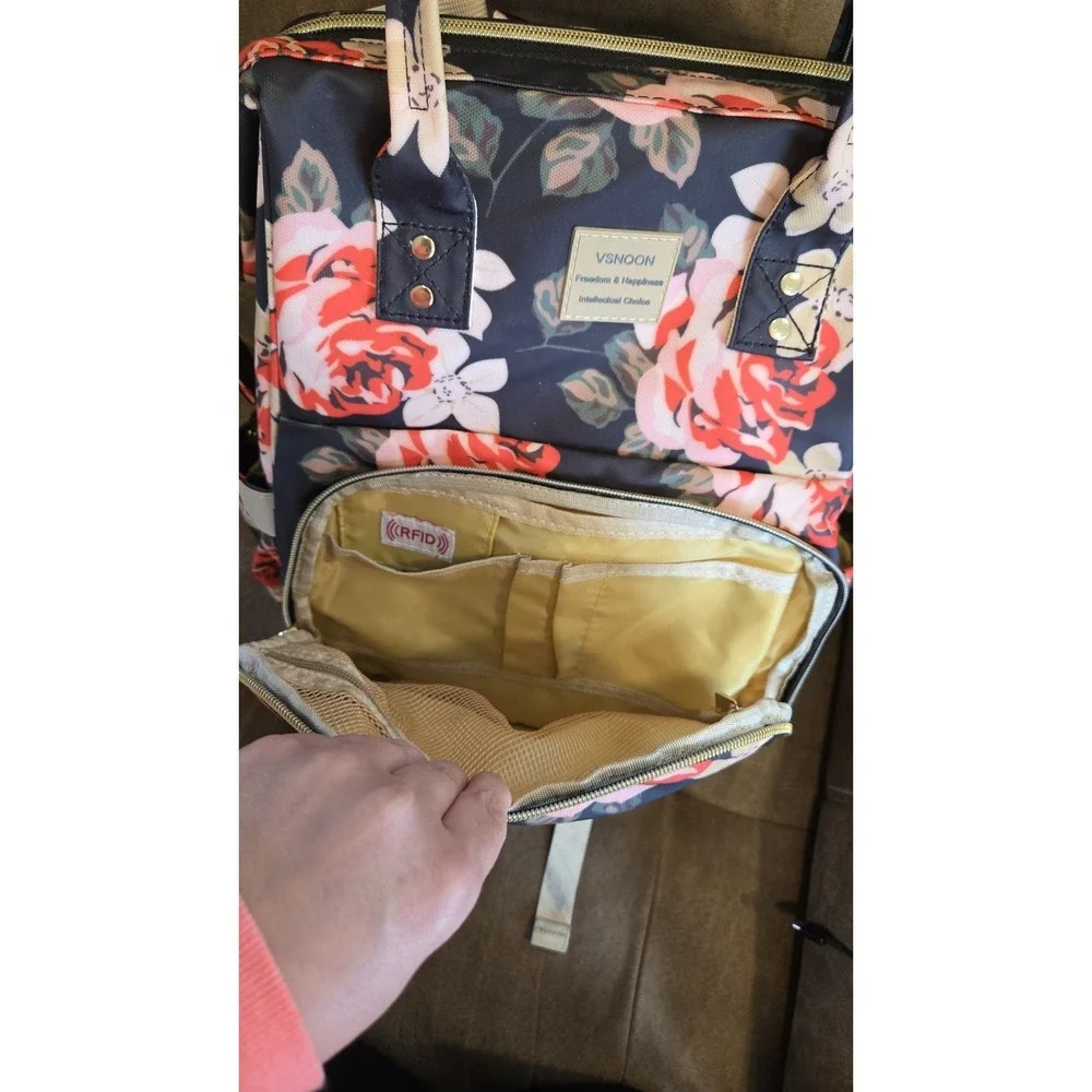 Black Floral Diaper Bag Backpack USB Opening RFID Travel Laptop Organizer Bag